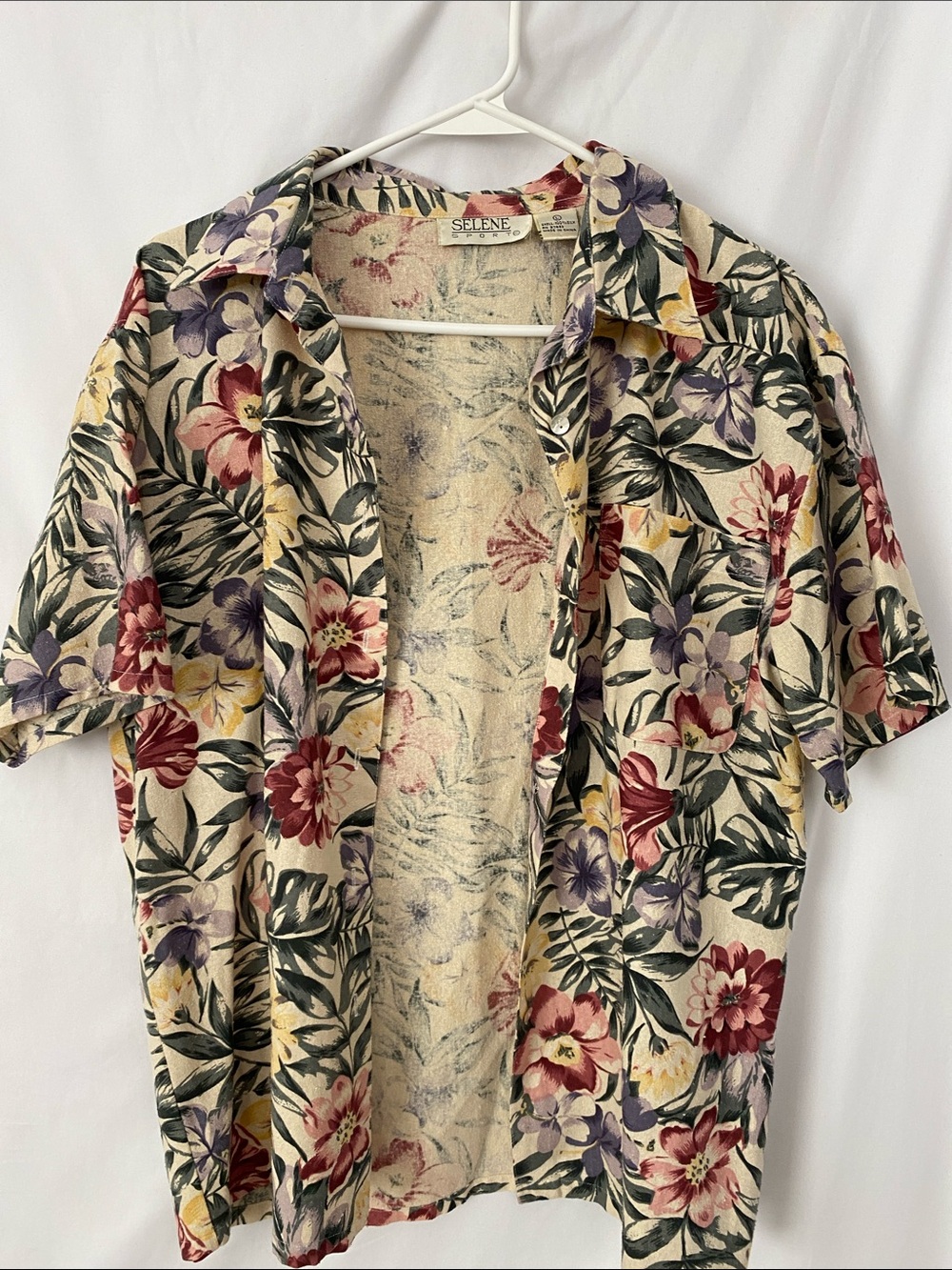 Selene Sport Silk Floral Button-Up Shirt in Cream Red,PurpleYellow Old Money